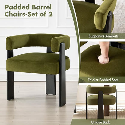 Modern Dining Chairs Set of 2, Upholstered Velvet Barrel Accent Chairs with Backrest & Arms, Wide and Thicker Padded Kitchen Side Chair with Wooden Legs for Dining Room, Livingroom, Dark Green