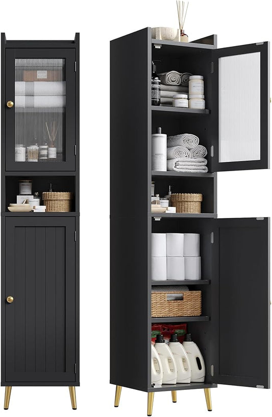 Bathroom Storage Cabinet, Slim Bathroom Storage Cabinet with 6 Shelves & 2 Doors, Linen Cabinet for Bathroom, Kitchen, Laundry Room, Black