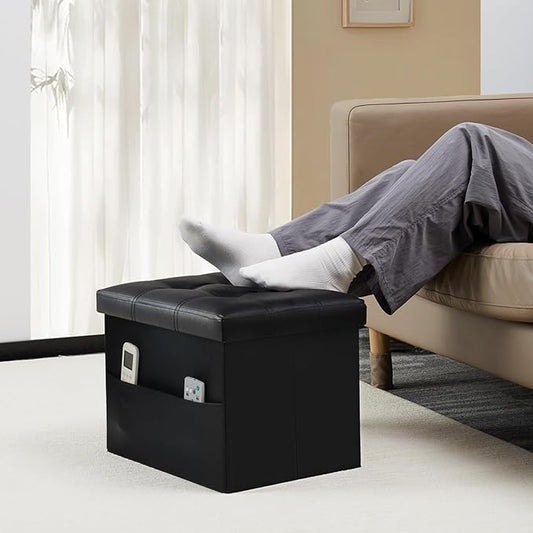 Storage Ottoman Foot Rest Stool, Small Leather Storage Ottomans Bench, Folding Footstool with Side Pockets, Foot Rest Under Desk for Living Room Bedroom, 16x12x12 in, Black