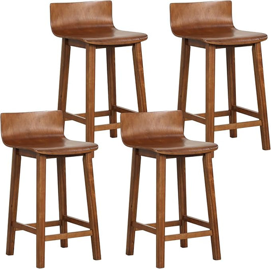 COSTWAY Solid Wood Bar Stools Set of 4, 24.5-inch Counter Height Chairs with Low Back and Footrest, Farmhouse Wooden Armless barstools for Kitchen Island, Dining Room, Cafe, Breakfast, Brown
