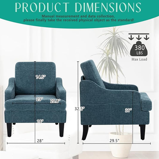 Modern Accent Chairs Set of 2 Upholstered Reading Chair for Bedroom with Side Pockets Comfy Living Room Chairs Living Room Armchair for Office, Apartment (Blue Chenille)