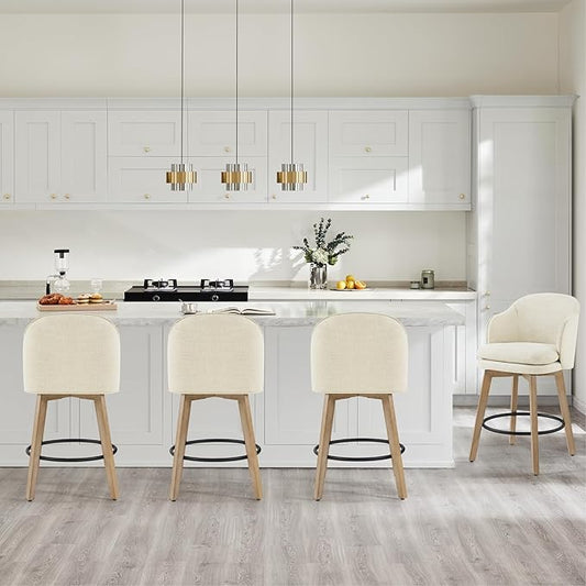 Counter Height Barstools 26 inch Upholstered Swivel Bar Stools with Back and Wood Legs for Kitchen Island,Set of 3,Linen Fabric
