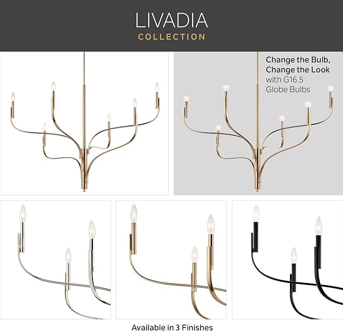 KICHLER Livadia 6-Light Chandelier, Soft Modern-Light in Black, for Foyer, Great Room, or Vaulted Dining or Bedroom (33.25" x 47.25"), 52674BK