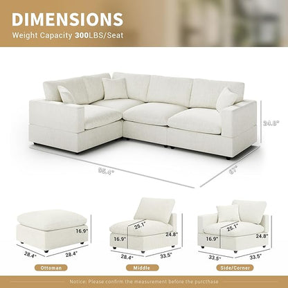 Modern Sectional Linen Couch for Living Room V-Shape Sofas,4 Seat Modular Cloud Sofas,Couches Cushion Covers Removable,Cozy Feather Down Sofa for Apartment Cream White