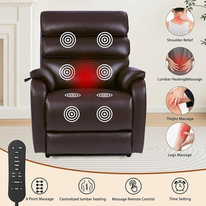 EONIX Dual Motor Lay Flat Power Lift Recliner Chair for Elderly, Electric Leather Lift Chairs for Adults, 400lbs Heavy Duty Power Recliner Lift Sofa with Heat and Massage, Dark Brown