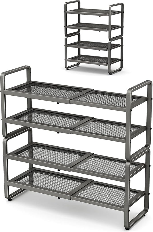 Shoe Rack - Expandable Shoe Organizer for Closet, Adjustable Metal Shoe Shelf Storage, Stackable Long Shoe Stand Holder for Garage, Entryway, Door Entrance (Grey, 4-Tier)