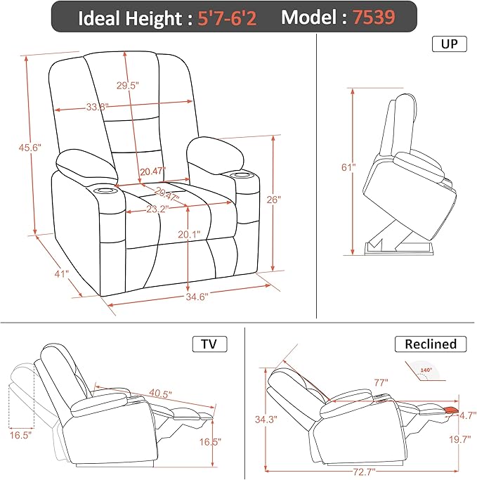 MCombo Large Power Lift Recliner Chair Sofa with Massage and Heat for Big and Tall Elderly People, 3 Positions, Cup Holders, and USB Ports, Faux Leather 7539 (Large, Dark Grey)