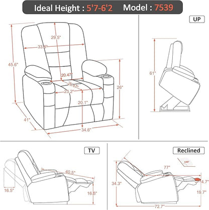 MCombo Large Power Lift Recliner Chair Sofa with Massage and Heat for Big and Tall Elderly People, 3 Positions, Cup Holders, and USB Ports, Faux Leather 7539 (Large, Cream White)
