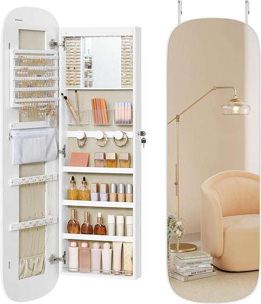 SONGMICS Jewelry Organizer, LED Jewelry Cabinet Wall/Door Mounted, Lockable Rounded Wide Mirror with Storage, Christmas Gift, 3.9 x 16.5 x 55 Inches, White Surface with Greige Lining