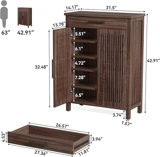 LITTLE TREE Narrow Storage Shoe Rack, 6-Tier Wooden Shoe Cabinet with Drawer, Freestanding Slim Shoe Cabinet Shoe Organizer for Entryway, Hallway, Closet, Bedroom, Living Room, Walnut
