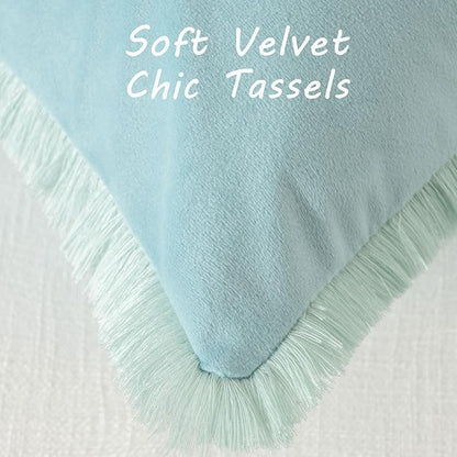 FUTEI Aqua Velvet Decorative Throw Pillow Covers 26x26 Set of 2,Soft Cozy Edge with Tassels Euro Pillow Shams,Boho Modern Home Decor for Couch Bed Living Room