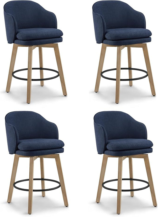 Counter Height Barstools 26 inch Upholstered Swivel Bar Stools with Back and Wood Legs for Kitchen Island,Set of 4,Blue Fabric