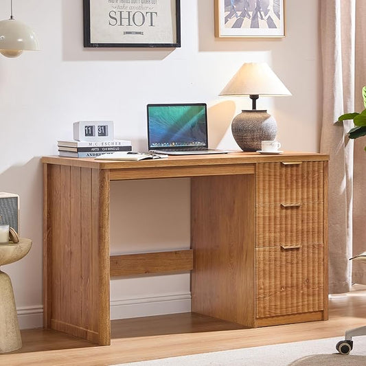 48" Modern Fluted Home Office Desk with Storage Cabinet, Brown Wood Executive Desk with File Drawer & Metal Handles, Large Computer Writing Table for Office,Study, Living Room, Bedroom