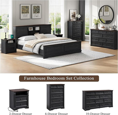 Yaamizz Farmhouse Nightstands Set of 2 with Charging Station, Table with Drawer and Storage Shelf, Wood Pilasters and Metal Handles, Vintage Design, Organizer for Bedroom, Hallway, Black