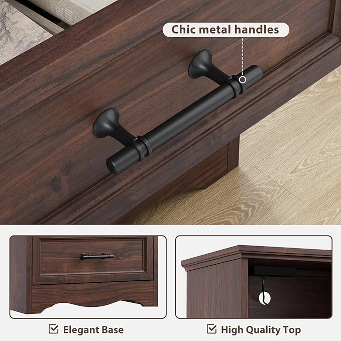 Walnut Nightstand with Charging Station, Farmhouse End Table with 2 Drawers and Open Shelf, Bedside Table with Space-Saving Storage Cabinet, Unique Base Design for Bedroom, Living Room
