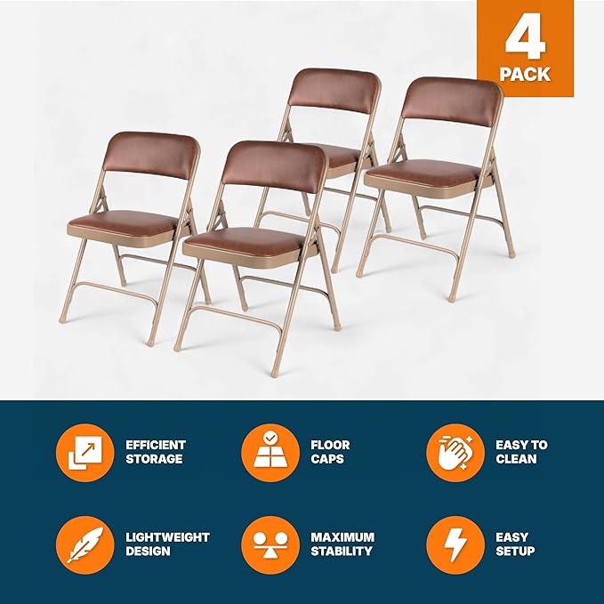 OEF Furnishings OEF1200 Series Premium Heavy Duty Vinyl Padded Folding Chairs, Commercial Grade 500 lb Capacity (4-Pack, Honey Brown)