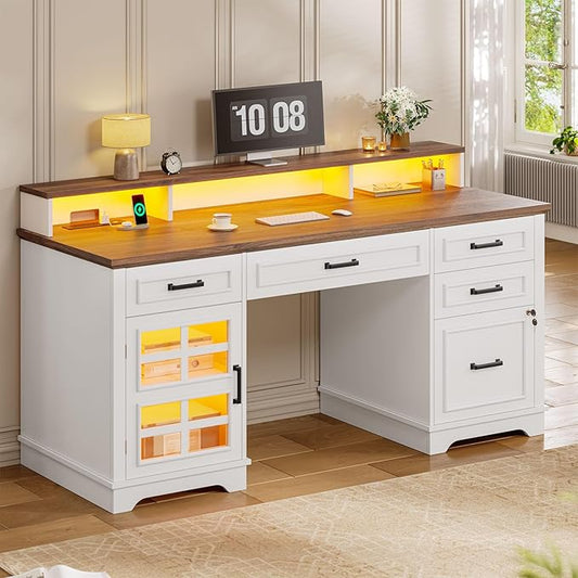 60'' Farmhouse Executive Desk with Drawers, Home Office Desk with Power Outlet & LED Light, Wood Computer Desk with Monitor Stand, Locking File Drawer, Glass Storage Cabinet, Hooks, White