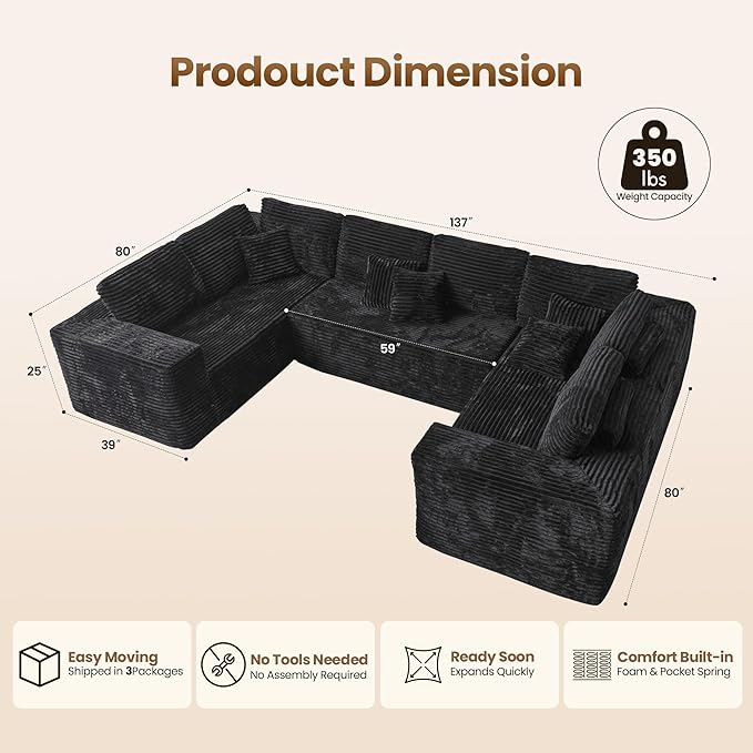 Cloud Sectional Couch with Loveseat, Boneless U-Shaped Cloud Couch with Deep Seat, Soft Plush Modern Minimalist Sofa, Assembly Free Modular Floor Sofa for Office Living Room Apartment, Black