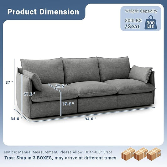 94.6" Cloud Modular Sectional Sofa, Waterproof Down Filled Sectional Sofas, High Backrest 3 Seater Sectional Couches for Living Room, Modern Modular Couch with Removable Cover, Dark Gray