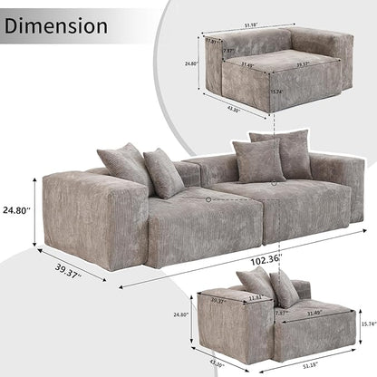 WJShome Cloud Couch Modular Sectional Sofa,102inch Corduroy Couch 2 Seater LoveSofa,Brown Convertible Sectional Sofa for Living Room, Cushion Covers Removable& Washable