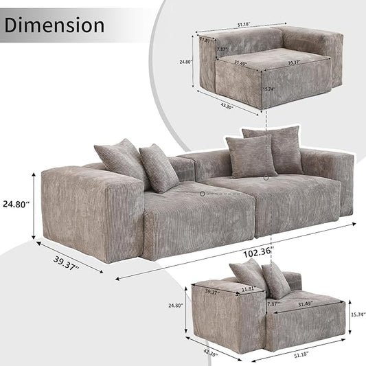 WJShome Cloud Couch Modular Sectional Sofa,102inch Corduroy Couch 2 Seater LoveSofa,Brown Convertible Sectional Sofa for Living Room, Cushion Covers Removable& Washable