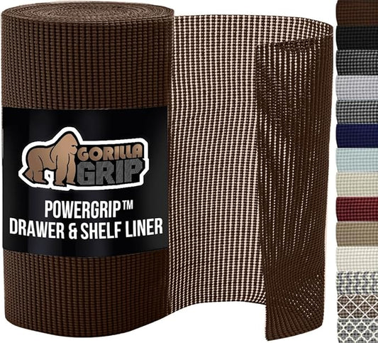 GORILLA GRIP powerGRIP Drawer Shelf and Cabinet Liner, Thick Strong Hold, Non-Adhesive Liners Protect Kitchen Cabinets and Cupboard, Bathroom Drawers, Easy Install, Breathable Mat, 12" x10', Chocolate