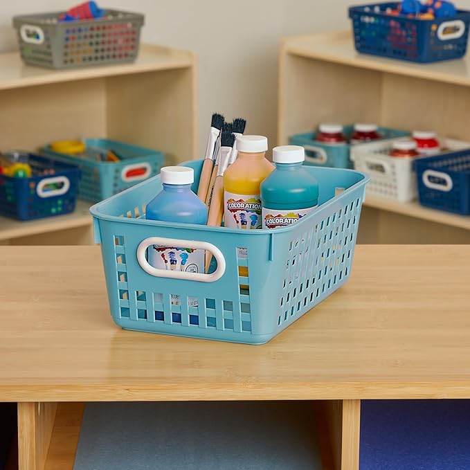 Really Good Stuff Medium Plastic Book Baskets, 11" by 7?" by 4?" - 6 Pack, Water | Versatile Storage Solution for Classroom, Home and Office l Toy Storage, Multi-Purpose Organizer Basket