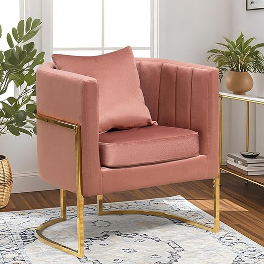 Velvet Modern Accent Chairs Set of 2, Upholstered Barrel Armchair Mid Century with Pillow for Living Room, Comfy Single Vanity Chair with Metal Gold Legs for Bedroom, Pink