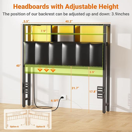Aheaplus Headboard for Twin Size Bed with Storage, Upholstered Headboards with Outlets, USB Ports and LED Light, Reversible Twin Size Head Board, Height Adjustable, Comfortable Headboard, Black