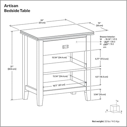 SIMPLIHOME Artisan Bedside Table - 24 inch Wide Solid Wood Nightstand Table in White, Contemporary Bedroom Side or End Table with 1 Drawer, Open Shelf Storage and Bronze Knobs