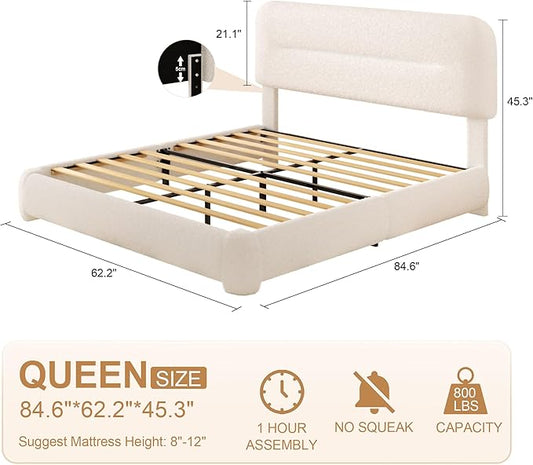 Queen Size Cloud Bed Frame, Upholstered Boucle Platform Bed with Adjustable Headboard, Anti-Collision Soft Rounded Corners, Noise Free, Easy Assembly, White