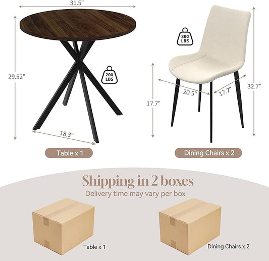 31.5" Round Dining Table and Chairs Set for 2, Small Dining Table Chairs Set Space-Saving, Small Dinette Sets for 2 for Kitchen Dining Room Apartment(Walnut Table + Beige Chairs)