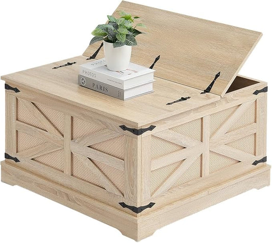 VEVOR Rattan Coffee Table, Rectangle PE Rattan Woven Wood Coffee Table with MDF Top, 32-Inch Modern Boho Style Storage Table with Retro Metal Hinges, for Living Room, Bedroom & Small Spaces