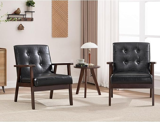 ANJ Mid Century Modern Accent Chairs, Set of 2, Black Faux Leather, Button Tufted with Wood Frame, Living Room Armchairs