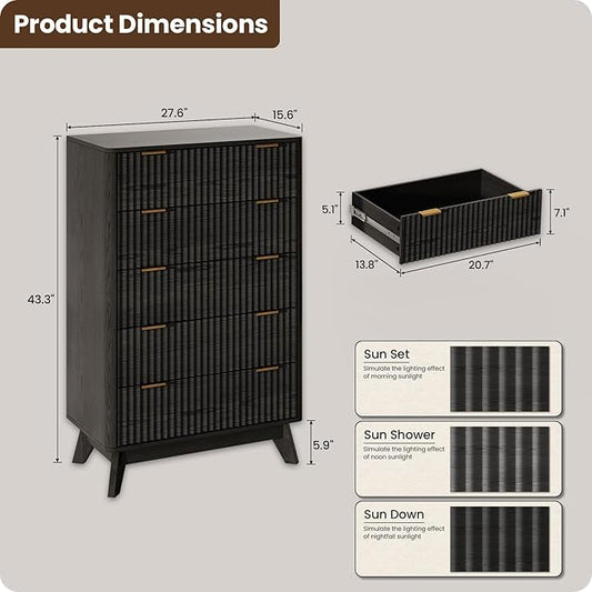 43'' Hight 5 Drawers Dresser for Bedroom,Modern Fluted Vertical Chest with Rounded Corners,Fluted Dresser for Living Room,Hallway, Black