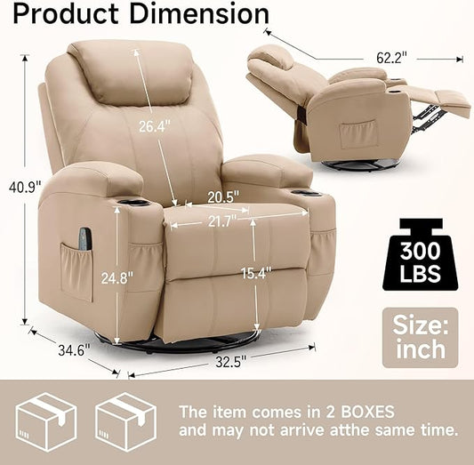 Recliner Chair, Rocking Chair with Massage and Heat, 360° Swivel Recliner Chairs for Adults, Rocker Manual Recliner with Remote Control and Cup Holder for Living Room, Bedroom, Nursery
