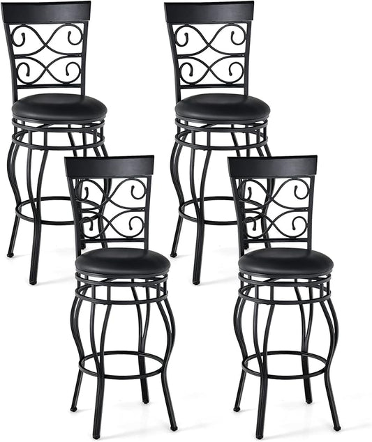 COSTWAY Bar Stools Set of 4, 360 Degree Swivel, 30" Bar Height Bar stools, with Leather Padded Seat Bistro Metal Vintage Chairs with Back for Kitchen Island, Pub (Set of 4)
