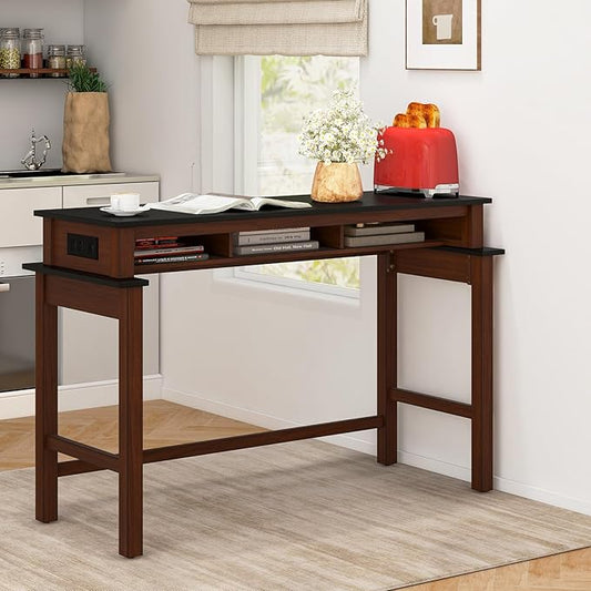 COSTWAY Bar Table with Charging Station, 36” Counter Height Table w/ 3 Storage Compartments, Power Outlets, Modern Farmhouse Console Table for Kitchen, Living Room, Entryway (Black + Walnut)
