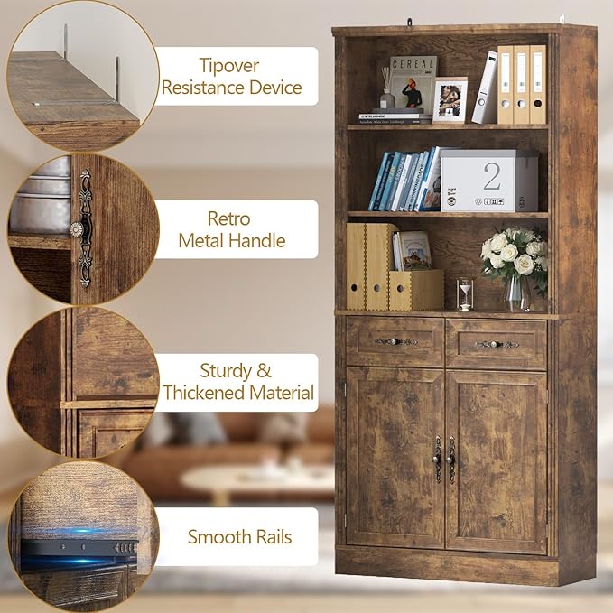 72'' Tall Bookcase with Doors and Drawers, Adjustable Shelves, P2 MDF Construction, 32'' Wide Freestanding Cabinet with Metal Handles, Hidden Storage for Living Room, Bedroom, Brown