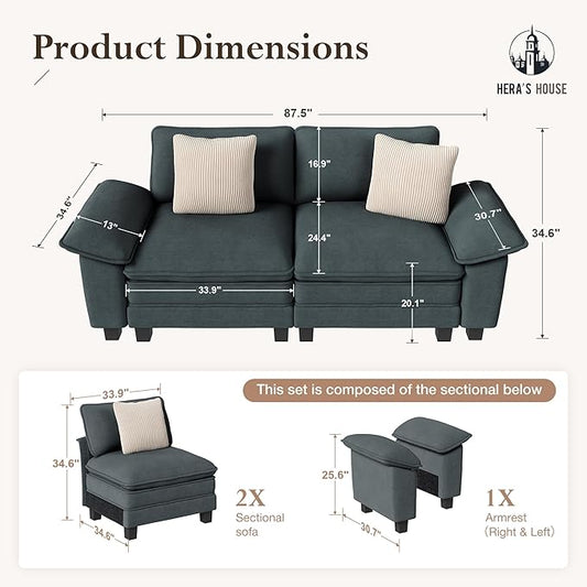 HERA'S HOUSE 88" Modular Sectional Sofa, Loveseat Couches for Living Room, Comfy Cloud Couch 2-Seater Deep Seat Sofa with Throw Pillow, Chenille Blue
