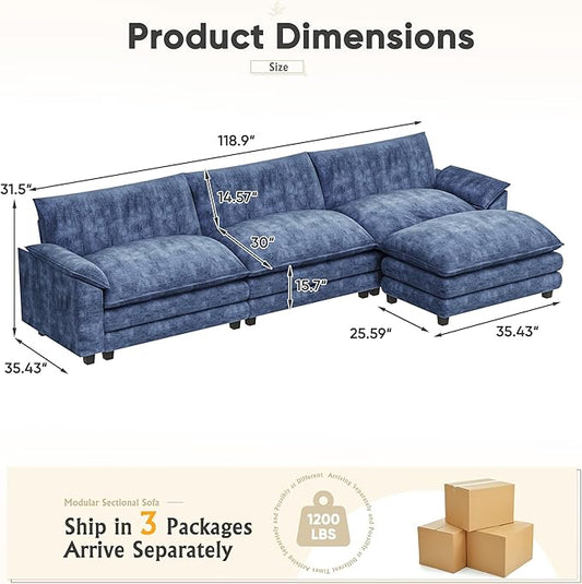 Furniwell Modular Sectional Sofa with Moveable Ottoman, Oversized 3-Seater Couch with Supportive Backrest, Chenille Convertible Sofa Couches for Living Room/Apartment(L Shaped,Blue)