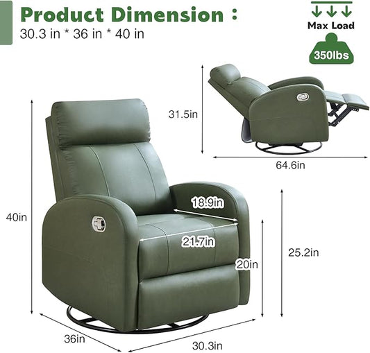 Swivel Rocker Recliner, Faux Leather Rocking Recliner Chair with Manual Adjustable Footrest, Reclining Chair Nursery Glider Recliners for Small Spaces, Living Room, Dark Green