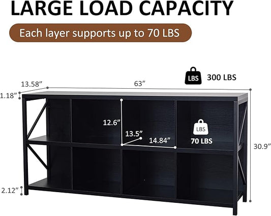 8 Cube Storage Organizer Bookshelf, Industrial Horizontal Bookcase, Accent Cubby Shelf, Media Console Table for Living Room, Home Office, 13.6" D x 63" W x 30.9" H, Black