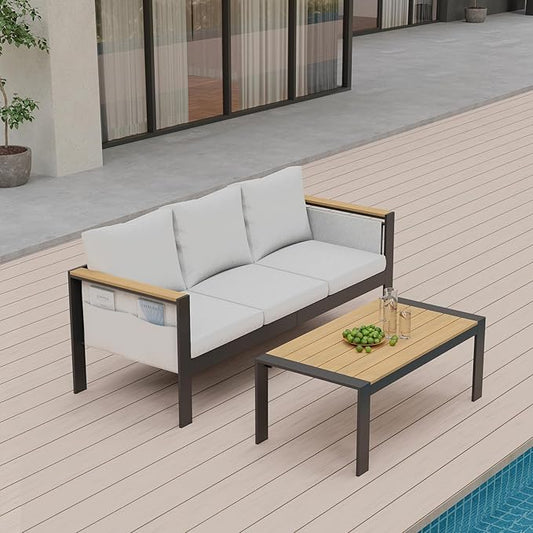 Corinth 2-Piece Aluminum Patio Conversation Set - Outdoor, Porch, Balcony, Yard, Gardern, All Weather, 1 Ergonomic Design 3 Seater Sofa and 1 Coffee Table, White