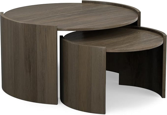 SIMPLIHOME Robin 2-Piece Nesting Coffee Table Set - 32 and 23 inch Wide Solid Mango Wood Round Living Room Tables in Ash Grey, Modern Space-Saving Center Table Set with Curved Legs, Assembled