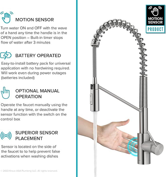 KRAUS Oletto Touchless Sensor Commercial Pull-Down Single Handle Kitchen Faucet with QuickDock Top Mount Assembly in Spot Free Stainless Steel, KSF-2631SFS
