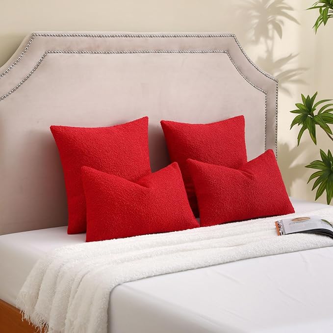 FUTEI Christmas Pack of 2 Red Decorative Throw Pillow Covers 12x20 Inch Soft Cozy Solid Boucle Textured Lumbar Pillow Cases,Modern Home Decor for Couch Bed Living Room