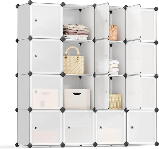 SONGMICS Cube Storage Organizer, Set of 16 Plastic Cubes, Closet Storage Shelves, DIY Plastic Closet Cabinet, Modular Bookcase, Shelving with Doors for Bedroom, Living Room, White ULPC44BSV1