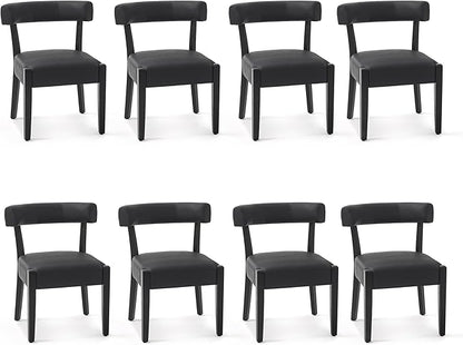 Modern Black Dining Chairs Set of 8, Faux Leather Upholstered Kitchen & Dining Room Chairs, Mid Century Modern Wooden Dining Chairs Oversized Sturdy Rounded Chairs Curved Back