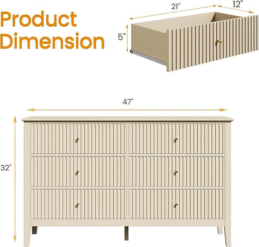 RoyalCraft Beige 6 Drawer Dresser, Fluted Modern Wood Chest of Drawers, Long Dresser for Bedroom TV Stand Storage Cabinet for Living Room
